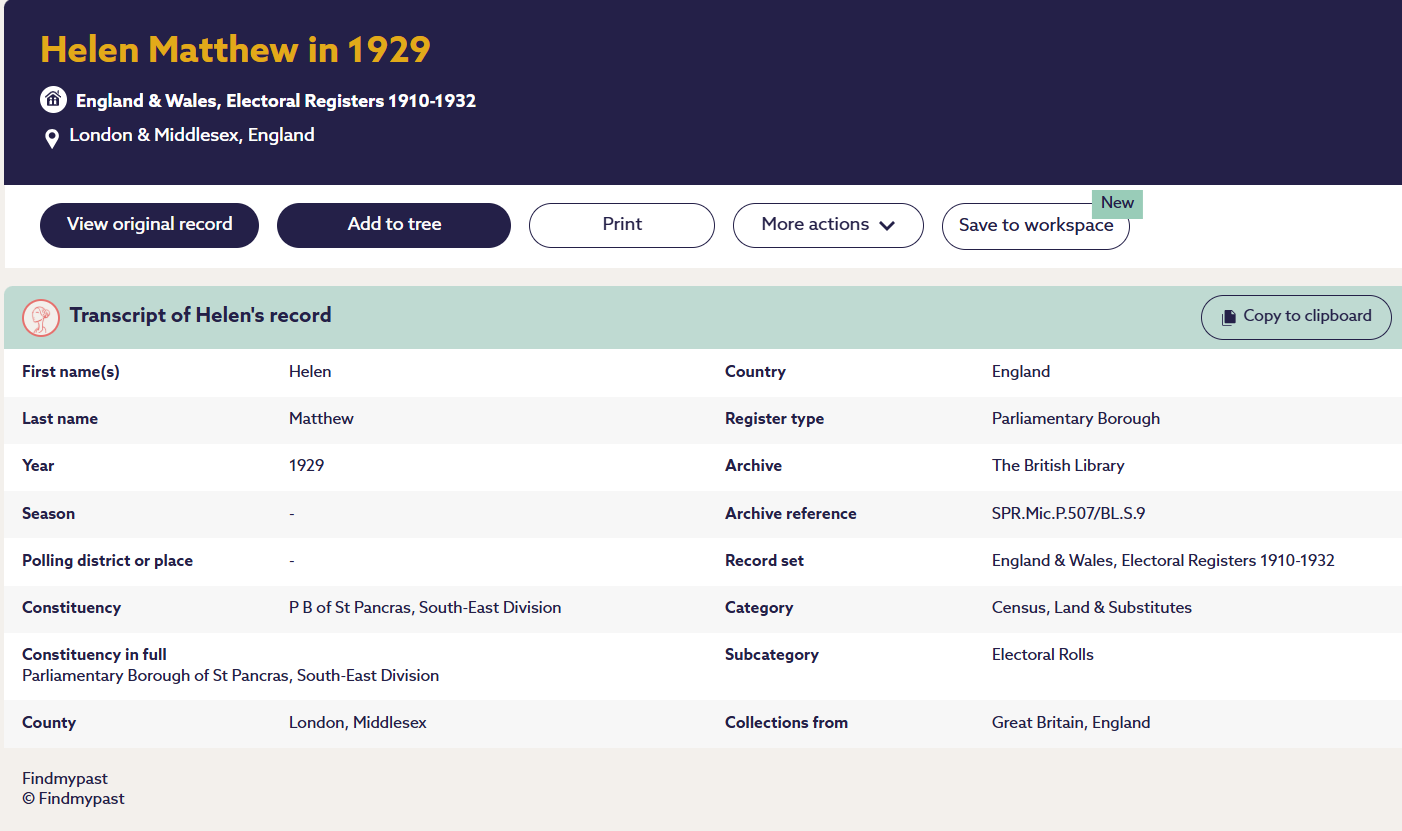 Helen Matthew 1929 Electoral Register St Pancras